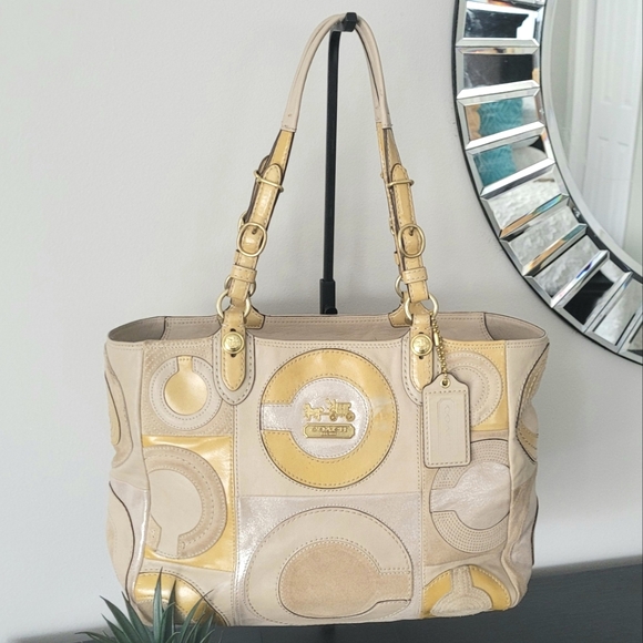 Coach Beige and Yellow Leather/Suede Tote - Picture 8 of 13